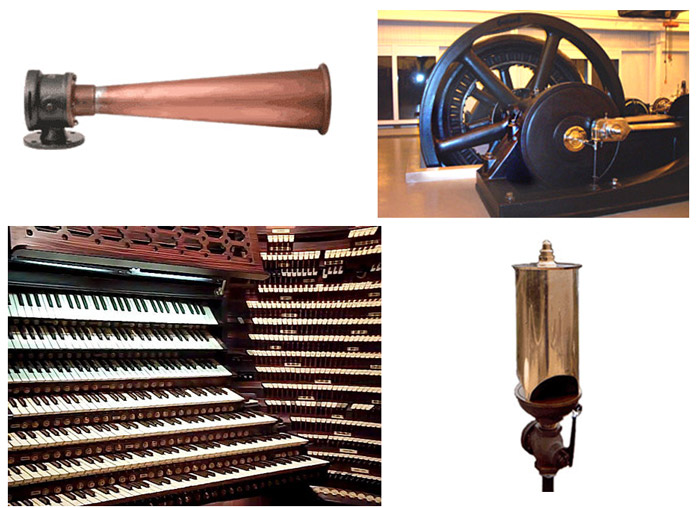 picture of diaphone, steam engine, pipe organ and steam whistle